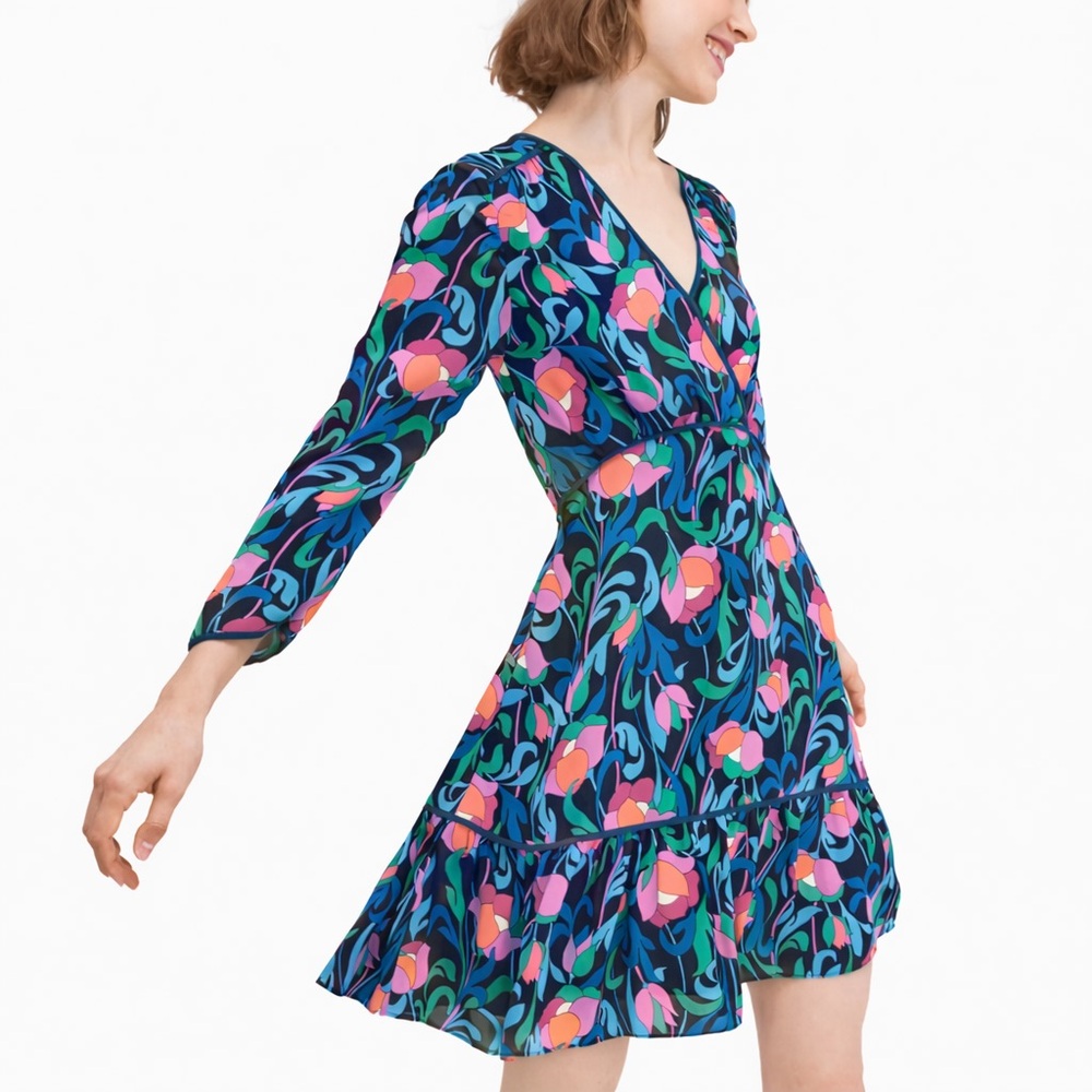 Kate Spade Tulip Toss Floral Swirl V-Neck Tiered Mini Dress - Size 4